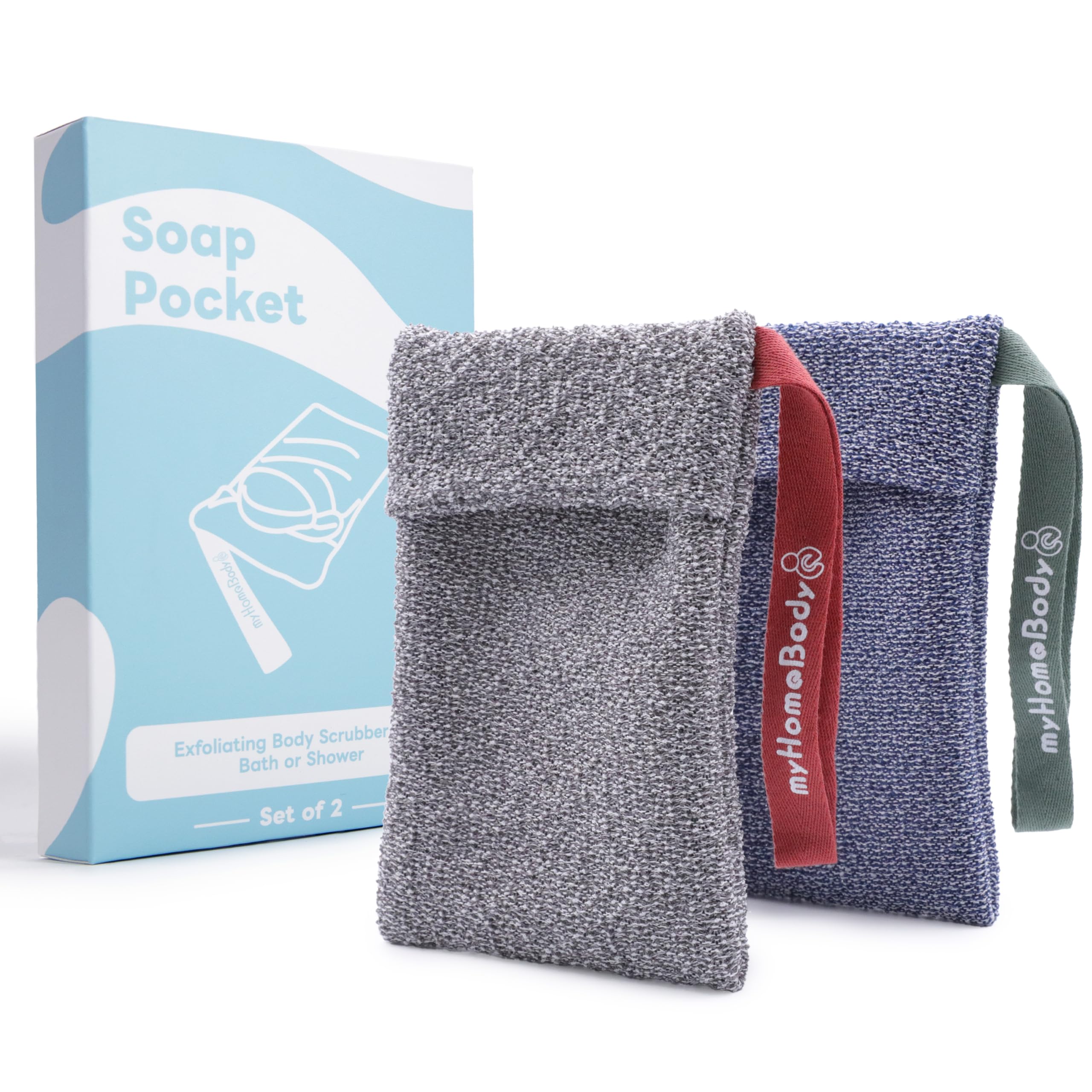 myHomeBody Soap Pocket for Strong Exfoliating Soap Saver for Bar Soap Soap Bag Exfoliating Body Scrubber Bar Soap Pouch for Shower Dark Blue Dark Gray - 2 Pack